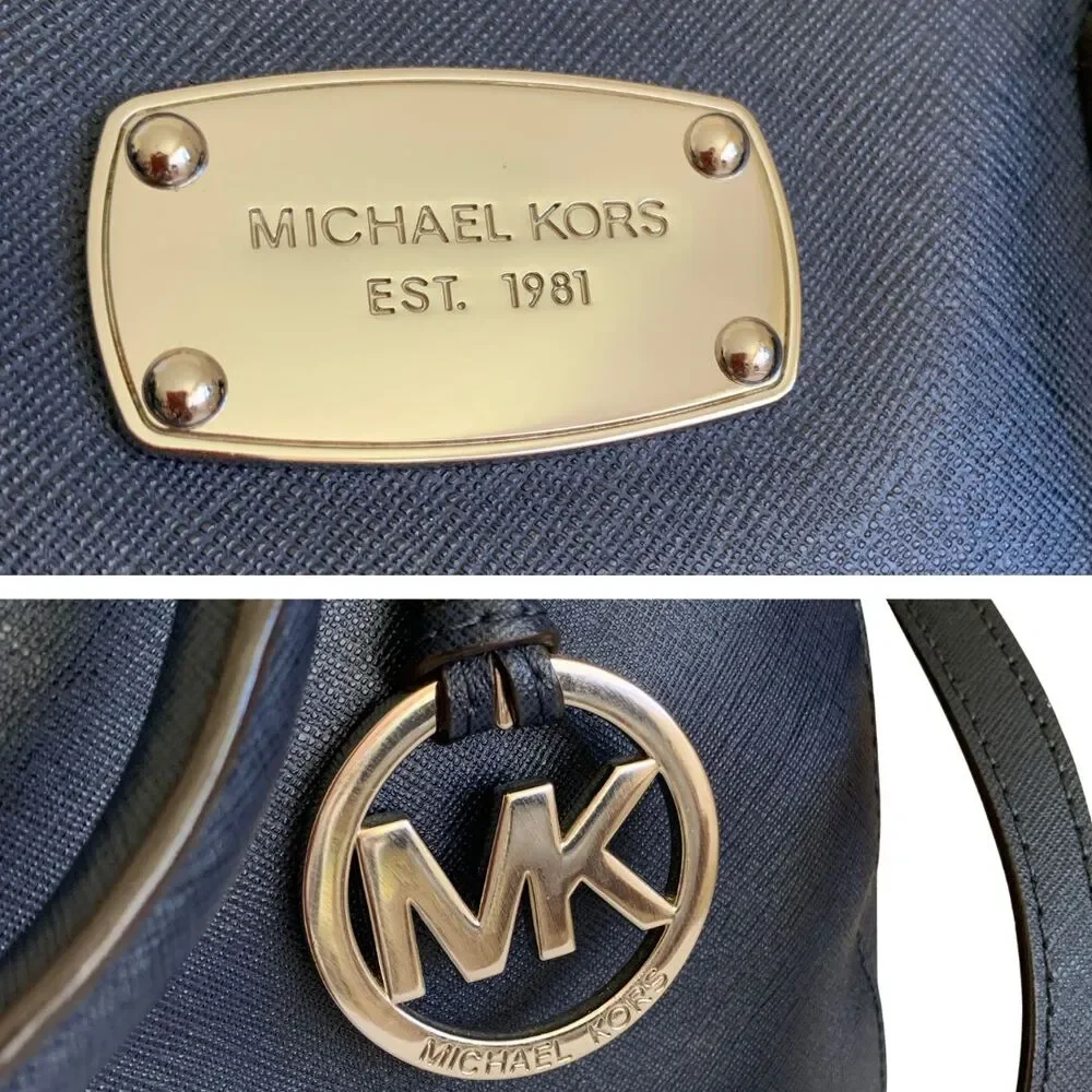 Michael Kors Navy Blue Saffiano Leather Satchel Crossbody Bag Double Top Handle